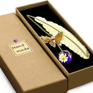 Elegant Metal Feather Bookmark with Butterfly Charms – Perfect Gift for Women & Book Lovers
