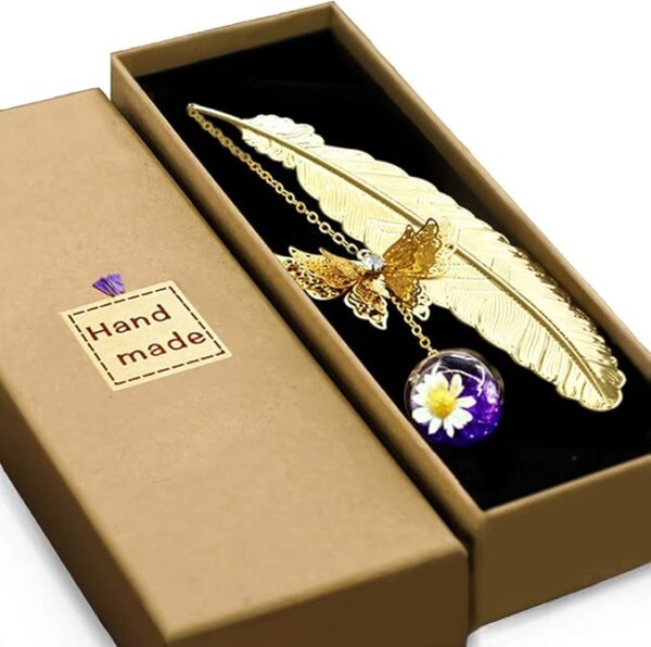 Elegant Metal Feather Bookmark with Butterfly Charms – Perfect Gift for Women & Book Lovers