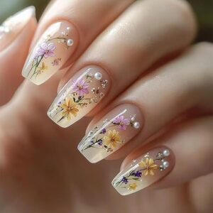 Flower Press-On Nails – Medium Square | Floral Pearl Nude Summer Nails | 24pcs Fake Nails Set