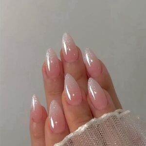 Glitter Ombre Pink Almond Press-On Nails – Medium Length, 24Pcs Set