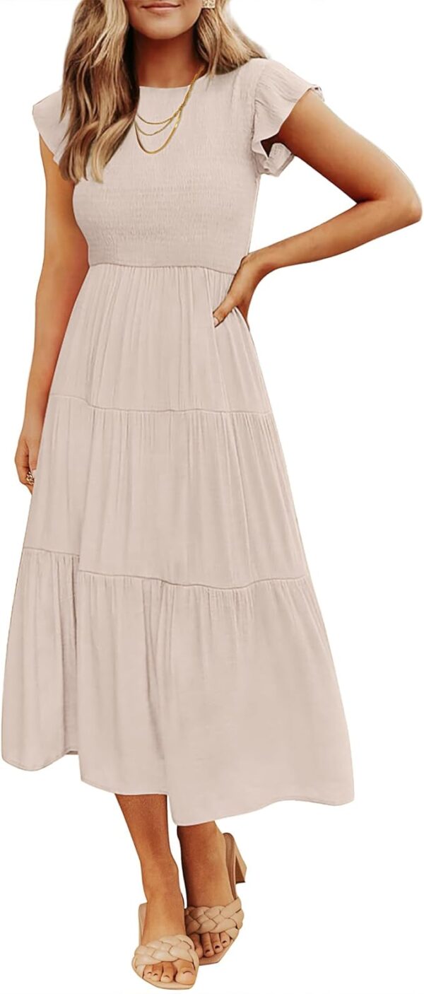 ZESICA 2025 Summer Flutter Sleeve Midi Dress | Smocked Waist & Tiered SkirtZESICA 2025 Summer Flutter Sleeve Midi Dress | Smocked Waist & Tiered Skirt