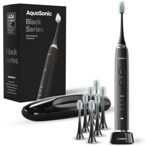 Aquasonic Black Series Ultra Whitening Toothbrush – ADA Accepted Electric Toothbrush with 8 Brush Heads, Travel Case, 40,000 VPM Motor, Wireless Charging & 4 Cleaning Modes