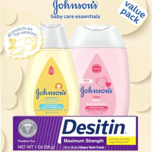 Johnson's Baby Care Essentials Gift Set – Travel-Size Baby Lotion, Body Wash & Diaper Rash Paste – Gentle Skincare for Delicate Skin – 3-Piece Value Pack