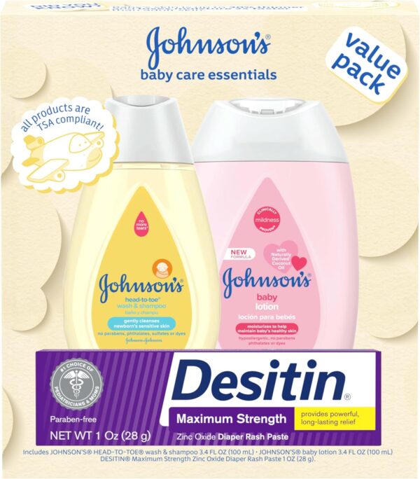 Johnson's Baby Care Essentials Gift Set – Travel-Size Baby Lotion, Body Wash & Diaper Rash Paste – Gentle Skincare for Delicate Skin – 3-Piece Value Pack