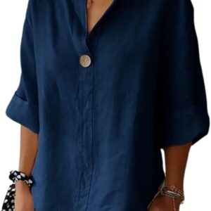 Linen Shirts for Women – Summer Cotton Linen V Neck 3/4 Sleeve Tops, Loose Vacation Beach Blouses, Solid Color Tunic Tops