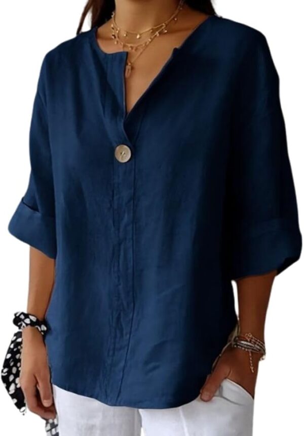 Linen Shirts for Women – Summer Cotton Linen V Neck 3/4 Sleeve Tops, Loose Vacation Beach Blouses, Solid Color Tunic Tops