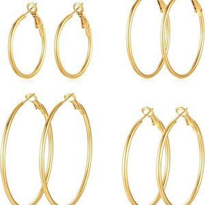 4 Pairs Silver & Gold Hoop Earrings for Women – 14K Gold Plated, Lightweight & Hypoallergenic Dangle Set