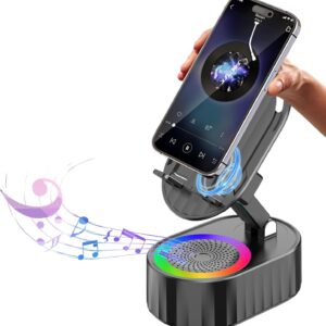 Wireless Induction Audio Bluetooth Speaker 5-in-1 Phone Holder – 3000mAh Emergency Rechargeable with Colorful Ambient Light, 300° Foldable Stand for Tablet, iPhone, Android – Ideal Gift for Men & Women (Black)
