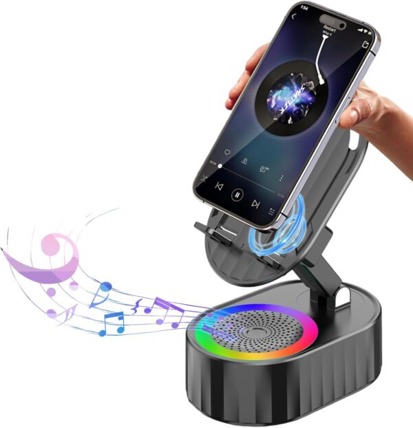 Wireless Induction Audio Bluetooth Speaker 5-in-1 Phone Holder – 3000mAh Emergency Rechargeable with Colorful Ambient Light, 300° Foldable Stand for Tablet, iPhone, Android – Ideal Gift for Men & Women (Black)