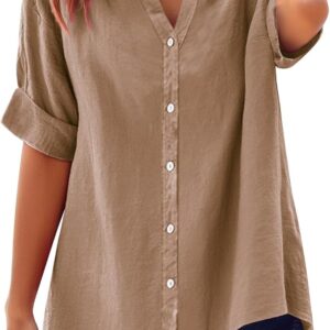 Women’s Linen Button Down Shirt – Gauze Cotton, Short Sleeve, Oversized Boyfriend Tunic Top – Casual & Dressy
