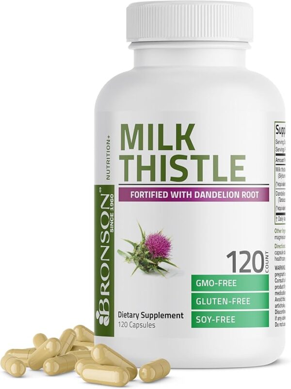 Bronson Milk Thistle Silymarin Marianum & Dandelion Root – Liver Health & Detox Support, Antioxidant Supplement – 120 Capsules