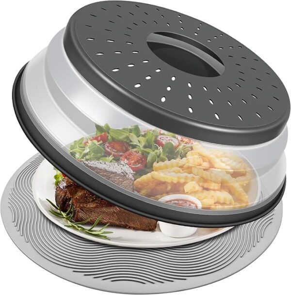 10 Inch Microwave Food Cover & Collapsible Silicone Mat – Splatter Guard, Plate Holder & Kitchen Colander for Meal Prep, Charcoal