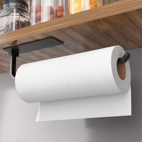 Paper Towel Holder – Self-Adhesive or Drilling, Matte Black, Upgraded Aluminum Kitchen Roll Dispenser Under Cabinet – Lightweight & Stronger Than Stainless Steel