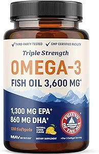 Triple Strength DHA Omega 3 Fish Oil 3600mg – 2100mg Omega-3 Fatty Acids with 860mg DHA & 1300mg EPA – Premium Wild Caught, Burpless Fish Oil – 120 Softgels
