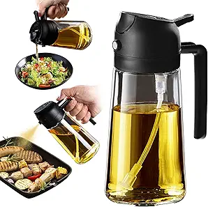 TrendPlain 16oz Glass Olive Oil Sprayer for Cooking – 2 in 1 Oil Dispenser for Air Fryer, Salad, BBQ & Kitchen Gadgets – Black