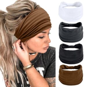 Wide Headbands for Women – Black Stylish Head Wraps, Boho Thick Hairbands, Large African Sport Yoga Turban Headbands, Hair Accessories (Pack of 4)