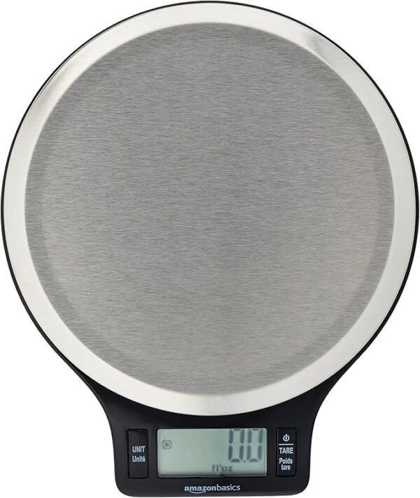 Amazon Basics Digital Kitchen Scale – LCD Display, Batteries Included, 11 lb Capacity, Black & Stainless Steel
