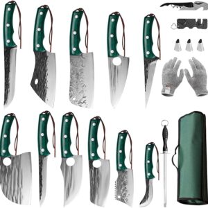 FULLHI 17pcs Portable Butcher Chef Knife Set with Green Wood Handle, High Carbon Steel Cleaver Kitchen Knives, Full Tang Vegetable Cleaver for Home, BBQ, Camping – Includes Knife Bag