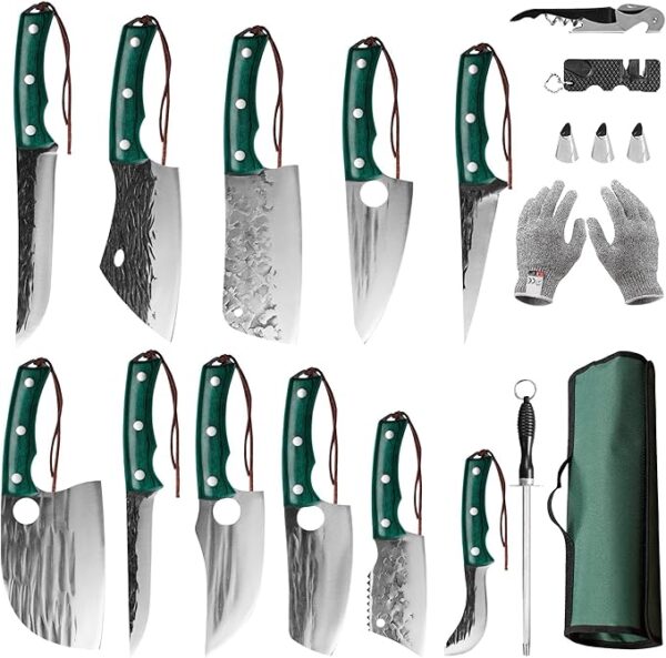 FULLHI 17pcs Portable Butcher Chef Knife Set with Green Wood Handle, High Carbon Steel Cleaver Kitchen Knives, Full Tang Vegetable Cleaver for Home, BBQ, Camping – Includes Knife Bag