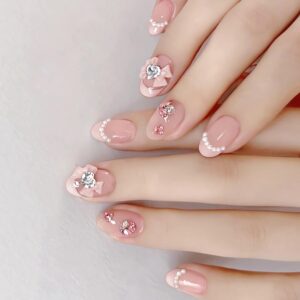 IMSOHOT Oval Pink Press-On Nails with Bow Tie Charms – 24Pcs Cute Glossy French Tips for Women & Girls