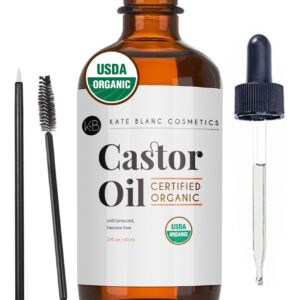 Kate Blanc Organic Castor Oil – 100% Pure Cold Pressed Hexane-Free Natural Oil for Hair, Lashes, Brows & Skin – 2oz with Starter Kit