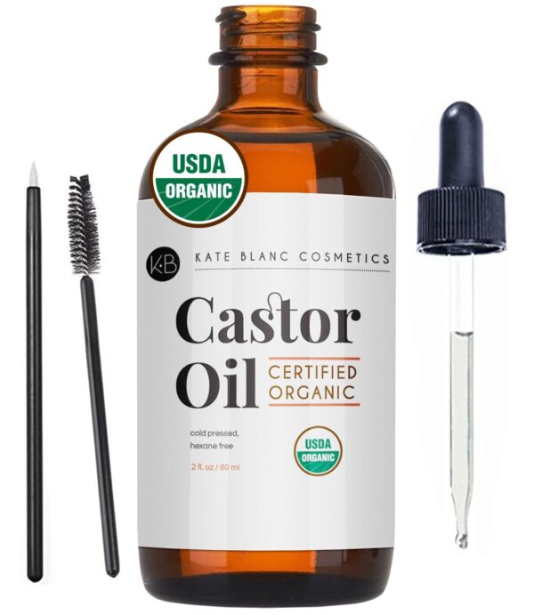 Kate Blanc Organic Castor Oil – 100% Pure Cold Pressed Hexane-Free Natural Oil for Hair, Lashes, Brows & Skin – 2oz with Starter Kit