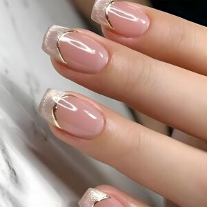 IMSOHOT Cat’s Eye French Tip Press-On Nails – Short Square Nude Glossy Nails with Gold Edge, 24Pcs DIY Manicure for Women & Girls