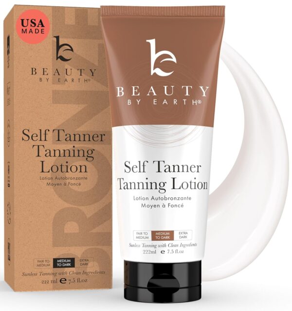 Beauty by Earth Self Tanner – Natural & Organic Tanning Lotion, Streak-Free Fake Tan with Aloe & Coconut, Medium to Dark
