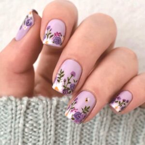 Purple Press On Nails – Short Square Fake Nails with Flower & Bee Design – 24Pcs Full Cover Acrylic Stick-On Set for Women & Girls