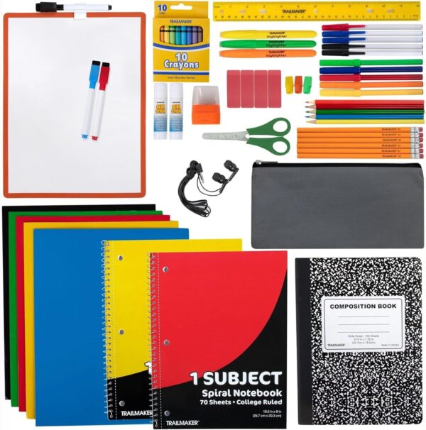 Trail maker Back to School Supplies 60 Piece Bundle Kit – Complete School Supply Set for Girls, Boys, and Kids with Notebooks, Folders, Headphones, Ruler & More