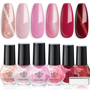Modelones Cat Eye Nail Polish Set – 6 Quick Dry Pink & Red Shades | Mini Finger Gel Look | Long Lasting DIY Manicure Kit