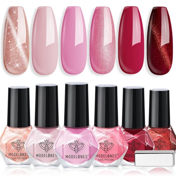 Modelones Cat Eye Nail Polish Set – 6 Quick Dry Pink & Red Shades | Mini Finger Gel Look | Long Lasting DIY Manicure Kit