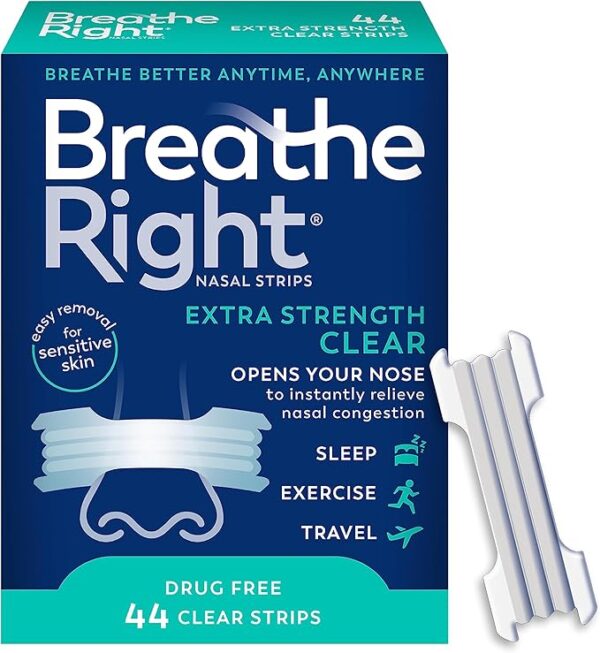 Breathe Right Nasal Strips | Extra Strength | Clear | For Sensitive Skin I Drug-Free Snoring Solution & Nasal Congestion Relief Caused by Colds & Allergies | 44 Count