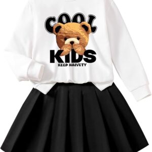 Toddler Girl Set – Cute Bear Print Sweatshirt & Pleated Skirt Outfit (3-7T)