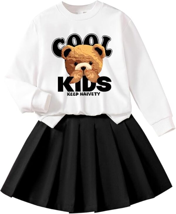 Toddler Girl Set – Cute Bear Print Sweatshirt & Pleated Skirt Outfit (3-7T)