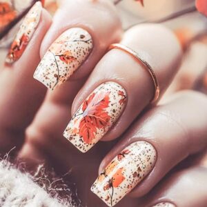 24Pcs Maple Leaf Press On Nails – Fall Leaves Thanksgiving Medium Square Fake Nails, Glossy Orange Acrylic Stick On Nails for Women & Girls