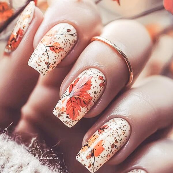 24Pcs Maple Leaf Press On Nails – Fall Leaves Thanksgiving Medium Square Fake Nails, Glossy Orange Acrylic Stick On Nails for Women & Girls