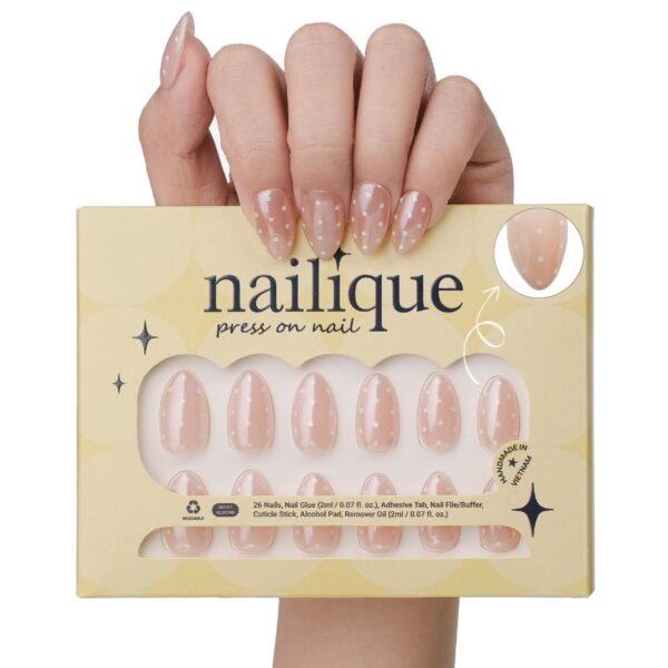 Press On Nails Short Almond – Handmade Chrome Nude White Polka Dot 26pcs Reusable Kit, Salon Quality Glue On Nail Tips for Summer, Fall, Christmas, Valentine, Bridal & Wedding