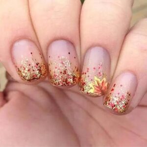Autumn Thanksgiving Press On Nails – 24Pcs Maple Leaf False Nails with Glossy Gold Glitter, Acrylic Stick On Nails for Women & Girls