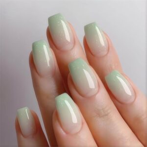 Medium Square Green Ombre Press-On Nails – Gradient Acrylic Fake Nails with Chic Designs, Medium Length, 240428 Green & White