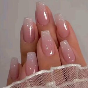 Bling Coffin Press-On Nails – 24PCS Gradient Pink Medium Fake Nails for Women & Girls