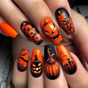 Halloween Press On Nails – Square Fake Nails with Pumpkin & Flower Designs, Medium Length Black & Orange Acrylic False Nails, 24PCS Full Cover Glossy Glue On Set for Women