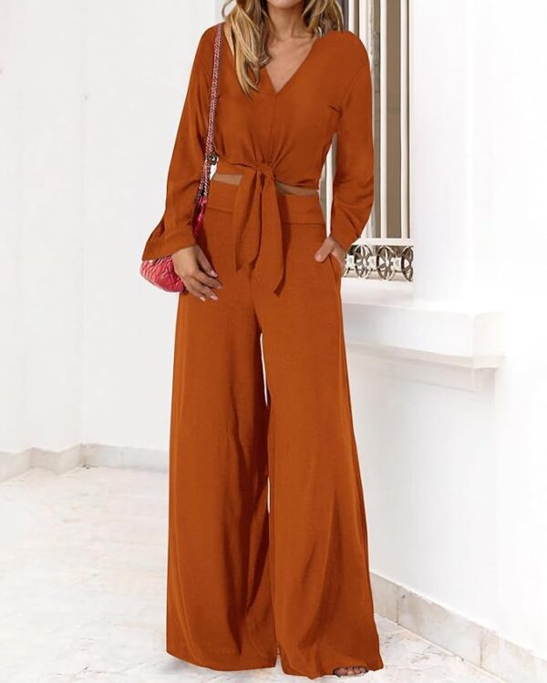 PRETTYGARDEN 2025 Fall 2-Piece Lounge Set for Women – Strappy V-Neck Crop Top & Wide-Leg Pants