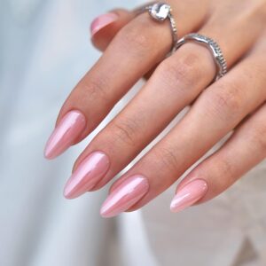 BTArtbox Almond Press-On Nails – Pink Chrome Soft Gel Nails with Glue, Medium Length, Natural Fit, 30-Piece Kit, Lotus Glazed Finish
