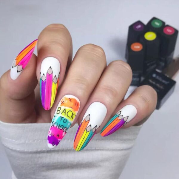 Back to School Press-On Nails – 24Pcs Medium Almond Matte Fake Nails with Pencil Graffiti Designs for Girls & Women