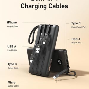 VEEKTOMX Portable Charger 10000mAh – Slim Power Bank with Built-in Cables, Fast Charge USB-C Battery Pack for iPhone, Samsung & Android