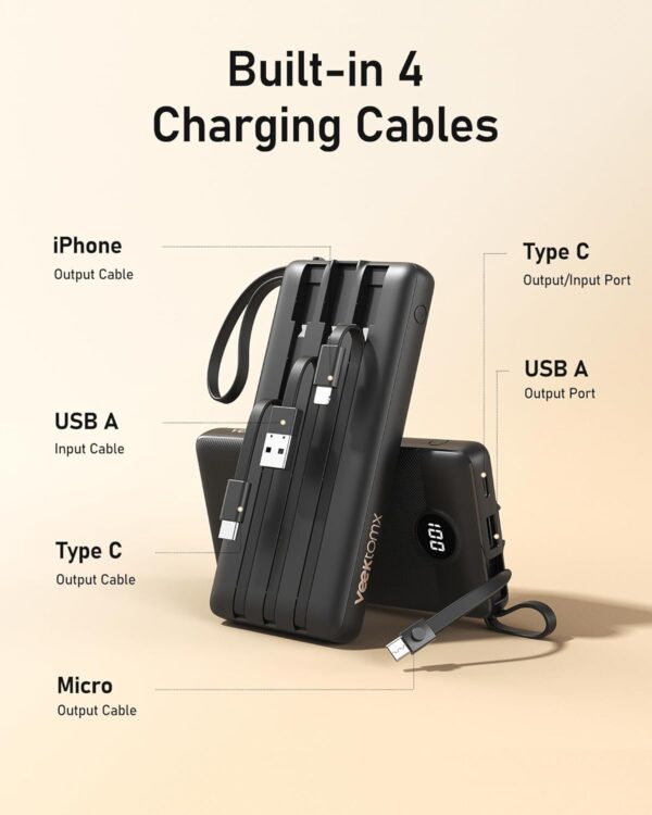 VEEKTOMX Portable Charger 10000mAh – Slim Power Bank with Built-in Cables, Fast Charge USB-C Battery Pack for iPhone, Samsung & Android