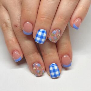 Cute Press-On Nails – Square Fake Nails with Bee & Flower Designs, Blue & White Checkered French Tips for Women & Girls