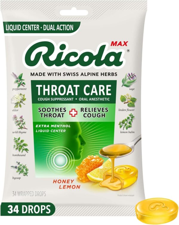 Ricola Max Honey Lemon Throat Care Drops – Dual Action Relief with Liquid Center, 34 Count