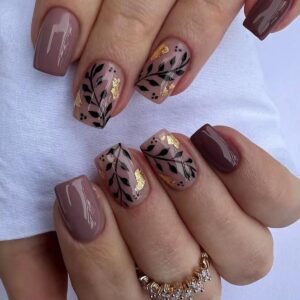 Brown Press On Nails – Short Square Fake Nails with Gold Foil & Leaf Design, Reusable Glossy Full Cover Glue On Nails for Women, 24 Pcs